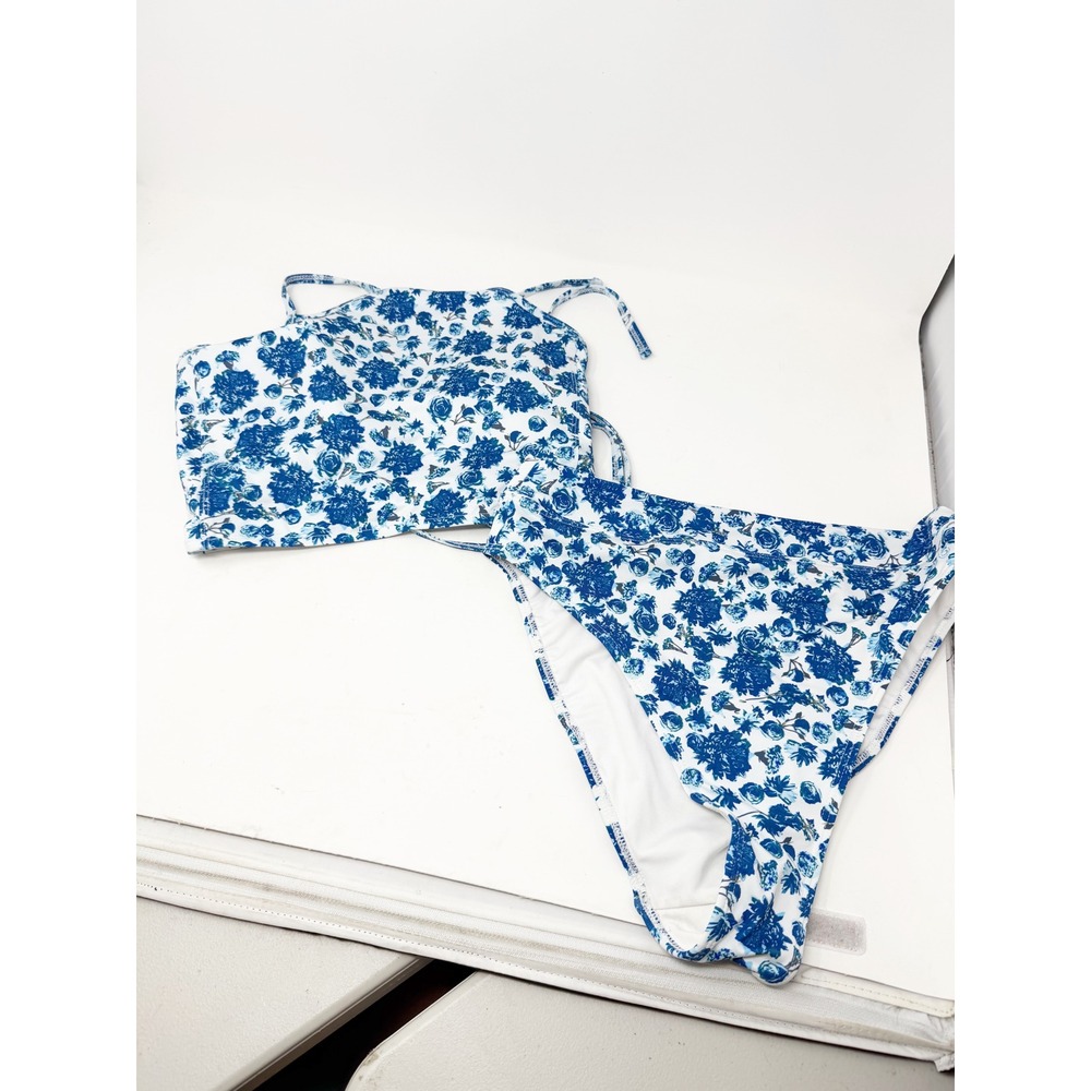 Albion Fit Blue White Floral Toile Bikini Set High Neck Strappy Back Size M